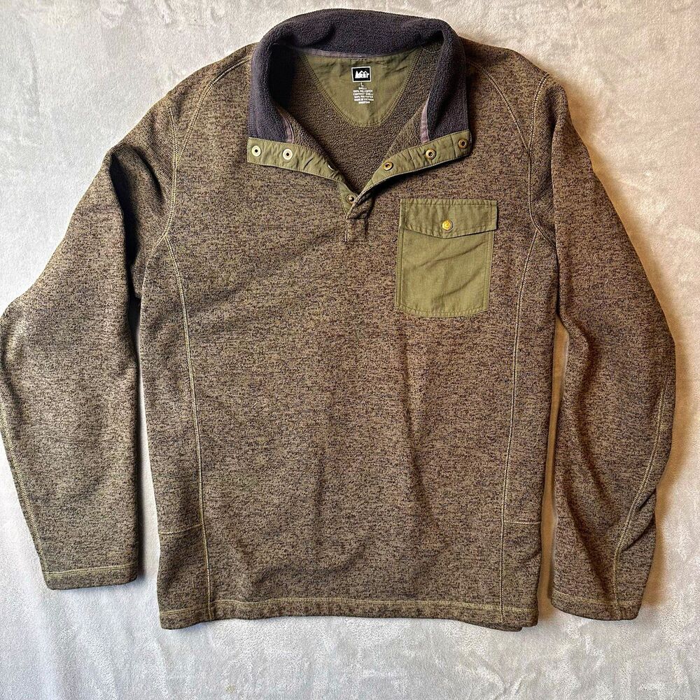 REI Men's L Regular Heathered green Fleece Snap Neck Pullover Chest Pocket